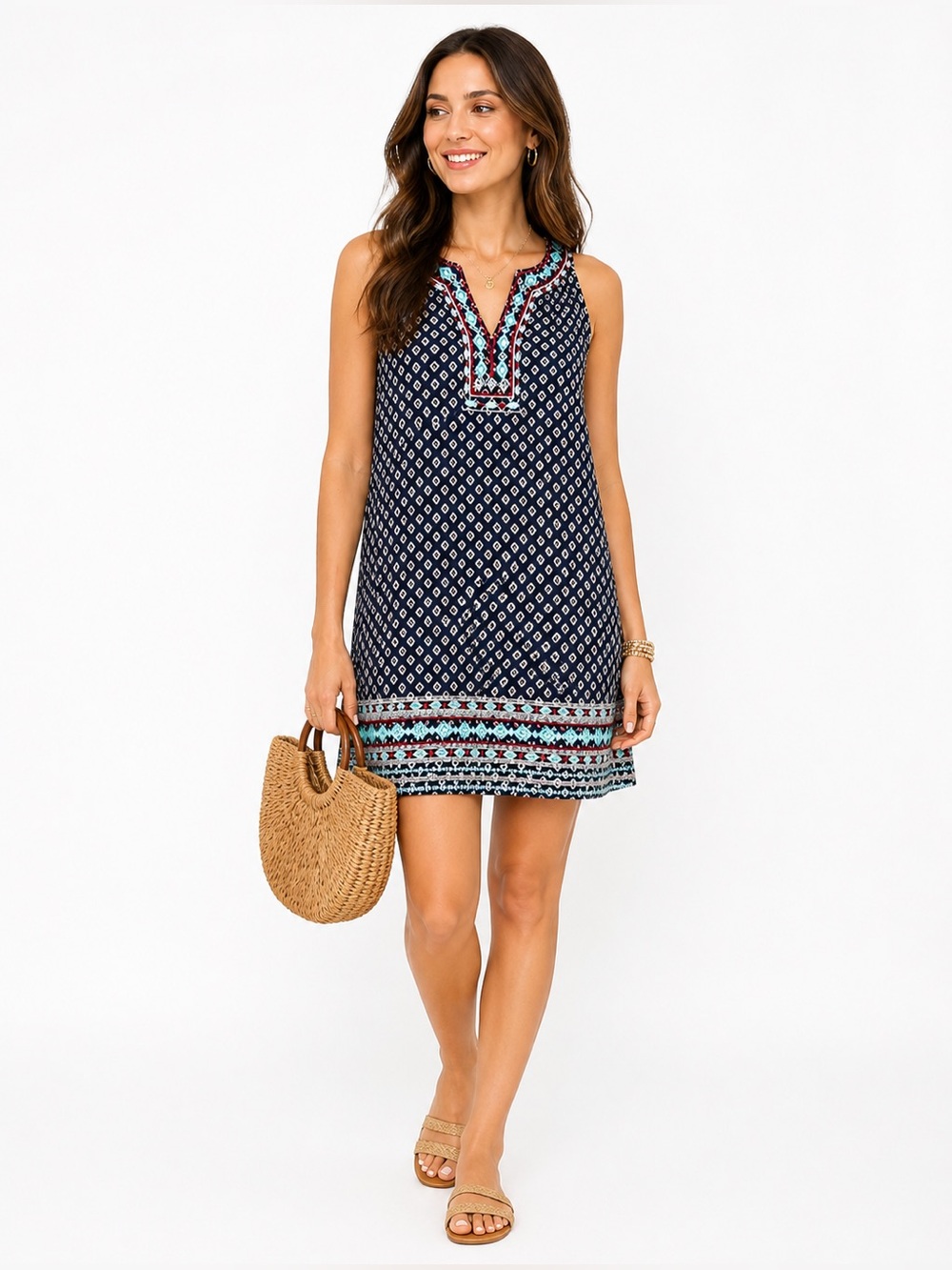 THML XXL Boho Embroidered Mini Dress Navy Tribal Swing Tunic EUC